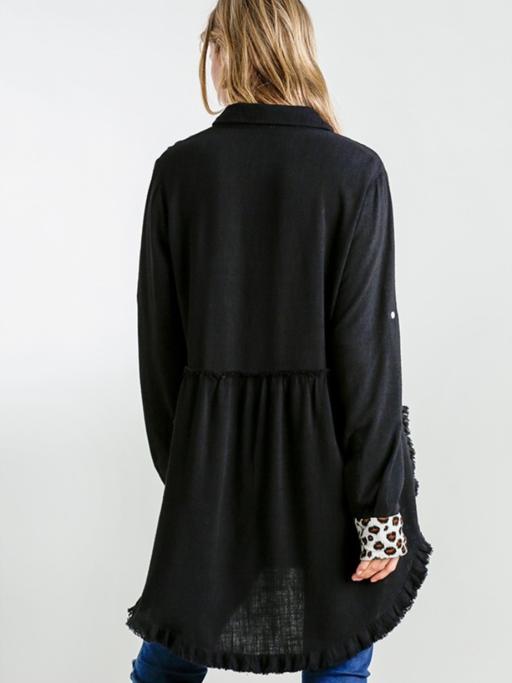 Umgee Black Boho Tunic Top | NWT | Leopard Trim | Hi Low | Sizes S M L - Picture 3 of 9